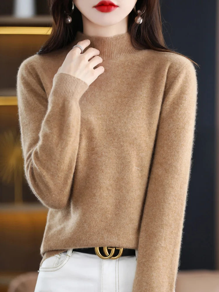 Women's Regular Fit Pure Wool Sweater with Ribbed Cuffs