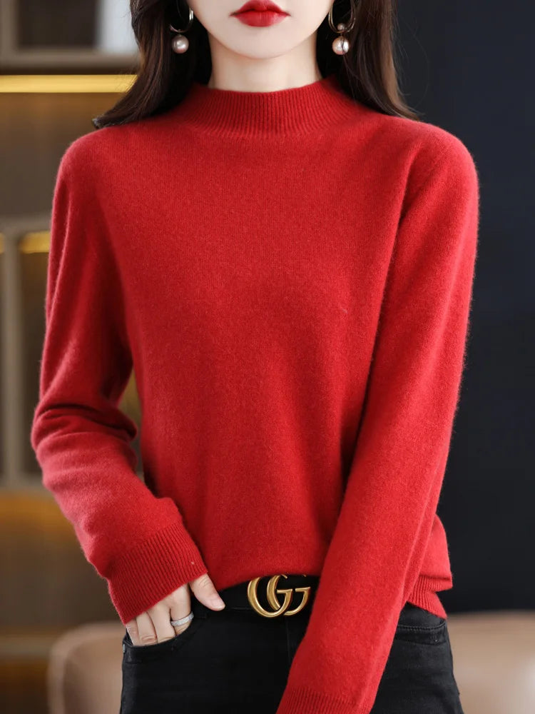 Women's Regular Fit Pure Wool Sweater with Ribbed Cuffs