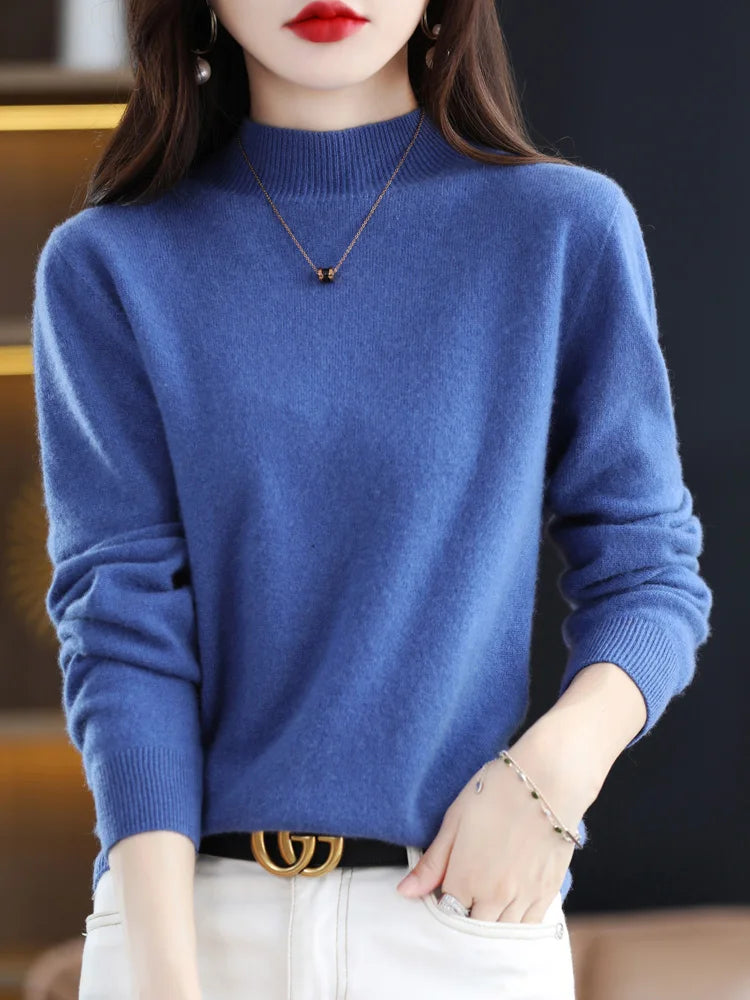 Women's Regular Fit Pure Wool Sweater with Ribbed Cuffs