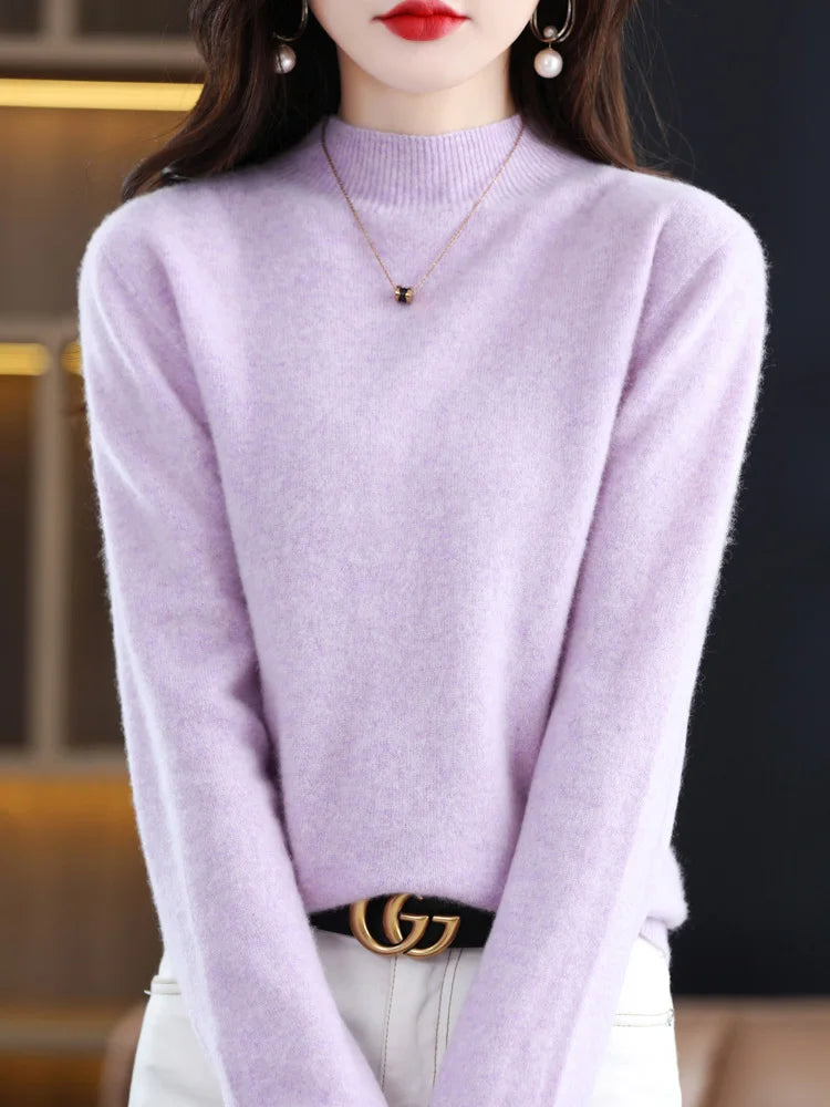 Women's Regular Fit Pure Wool Sweater with Ribbed Cuffs