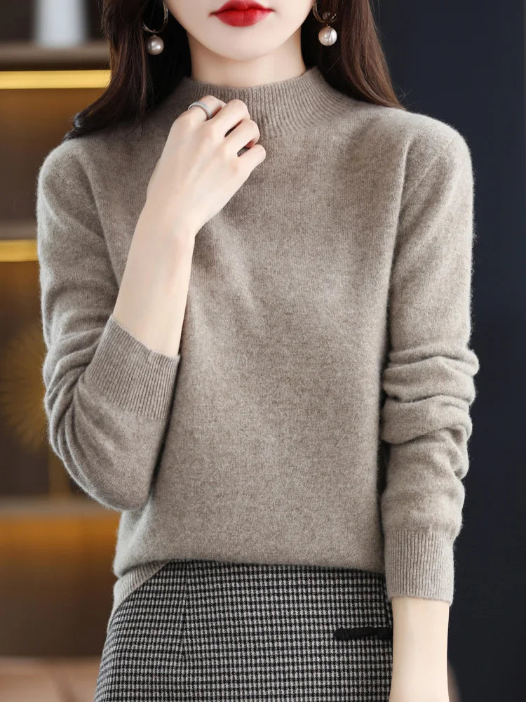 Women's Regular Fit Pure Wool Sweater with Ribbed Cuffs