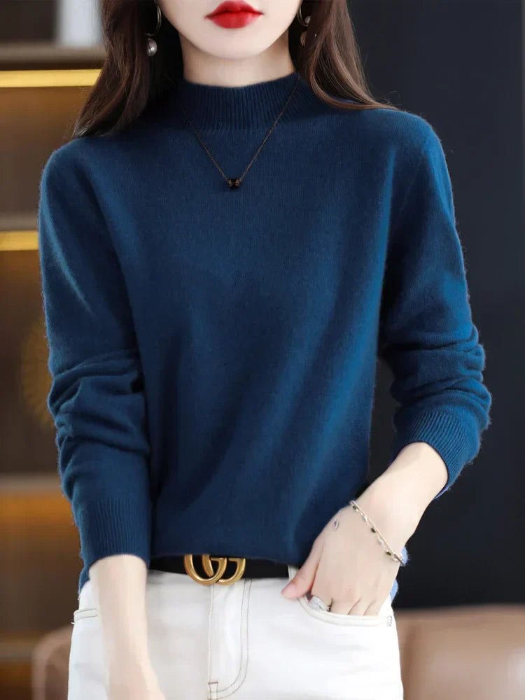 Women's Regular Fit Pure Wool Sweater with Ribbed Cuffs