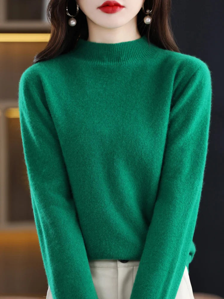 Women's Regular Fit Pure Wool Sweater with Ribbed Cuffs