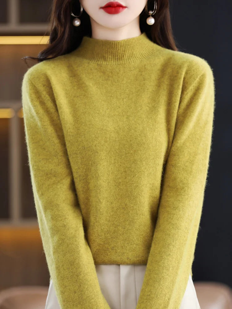 Women's Regular Fit Pure Wool Sweater with Ribbed Cuffs