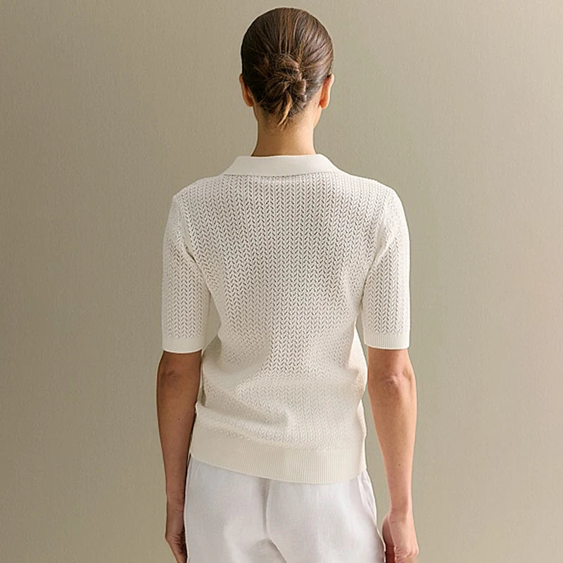 Women's Short Sleeve Pointelle Knit Polo Sweater 3