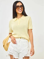 Women's Short Sleeve Pointelle Knit Polo Sweater 6