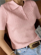 Women's Short Sleeve Pointelle Knit Polo Sweater 7
