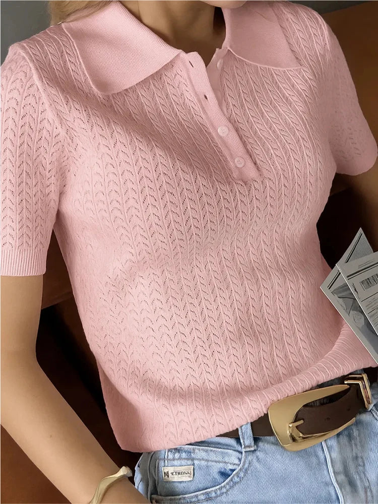 Women's Short Sleeve Pointelle Knit Polo Sweater 7