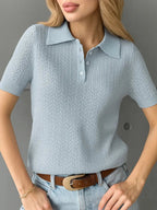 Women's Short Sleeve Pointelle Knit Polo Sweater 8