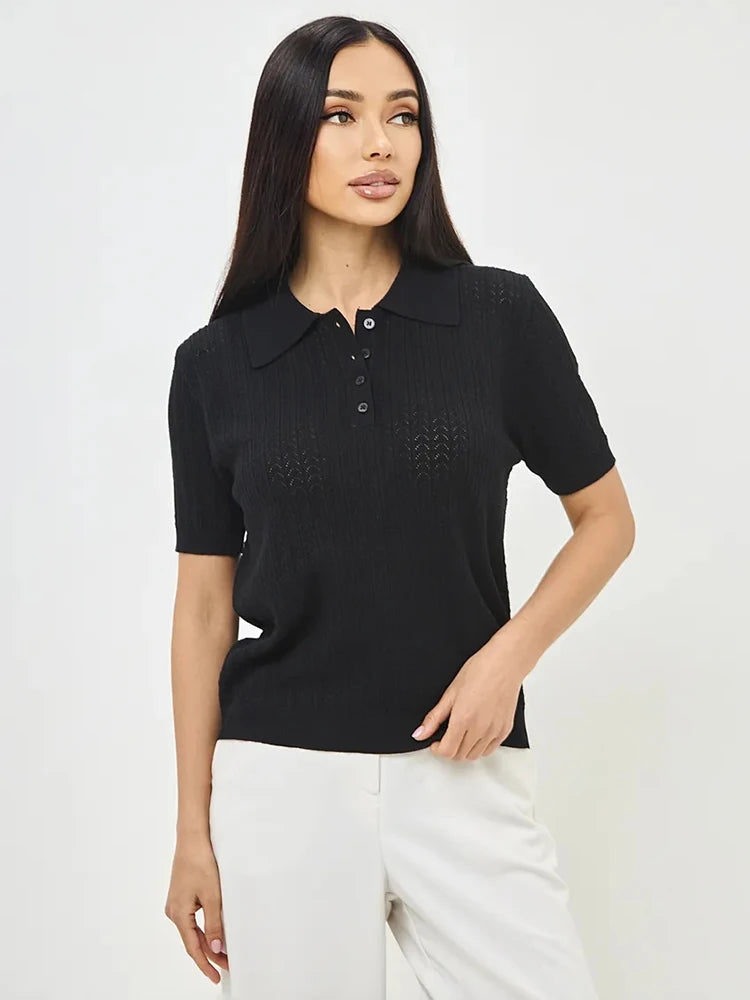 Women's Short Sleeve Pointelle Knit Polo Sweater 9