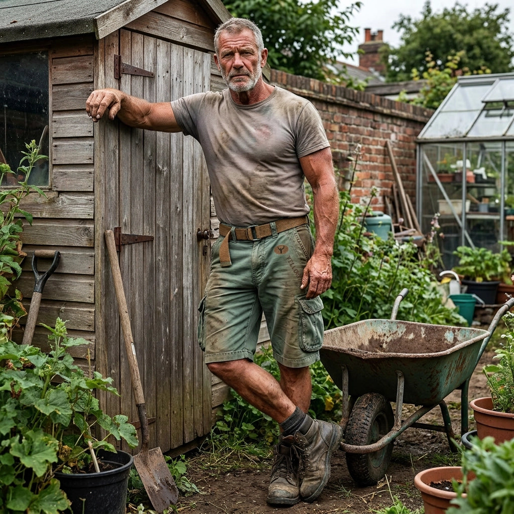 British man gardening in Branth Utility Cargo Shorts - lifestyle portrait