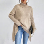 Oversized Roll Neck Jumper for Women with Asymmetric Hem