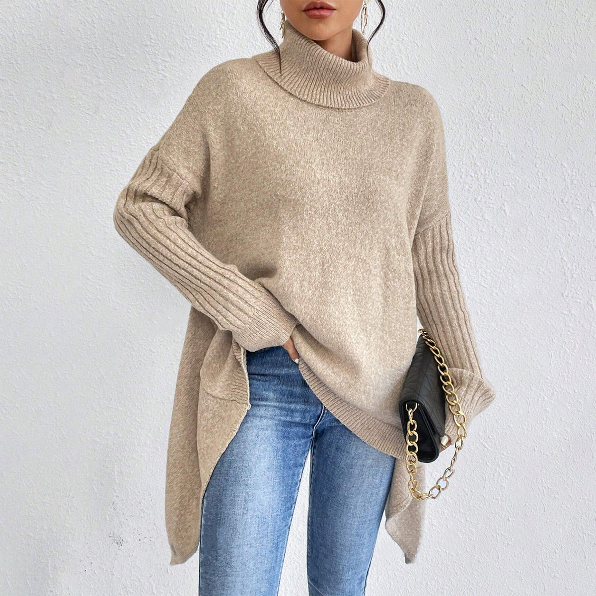 Oversized Roll Neck Jumper for Women with Asymmetric Hem