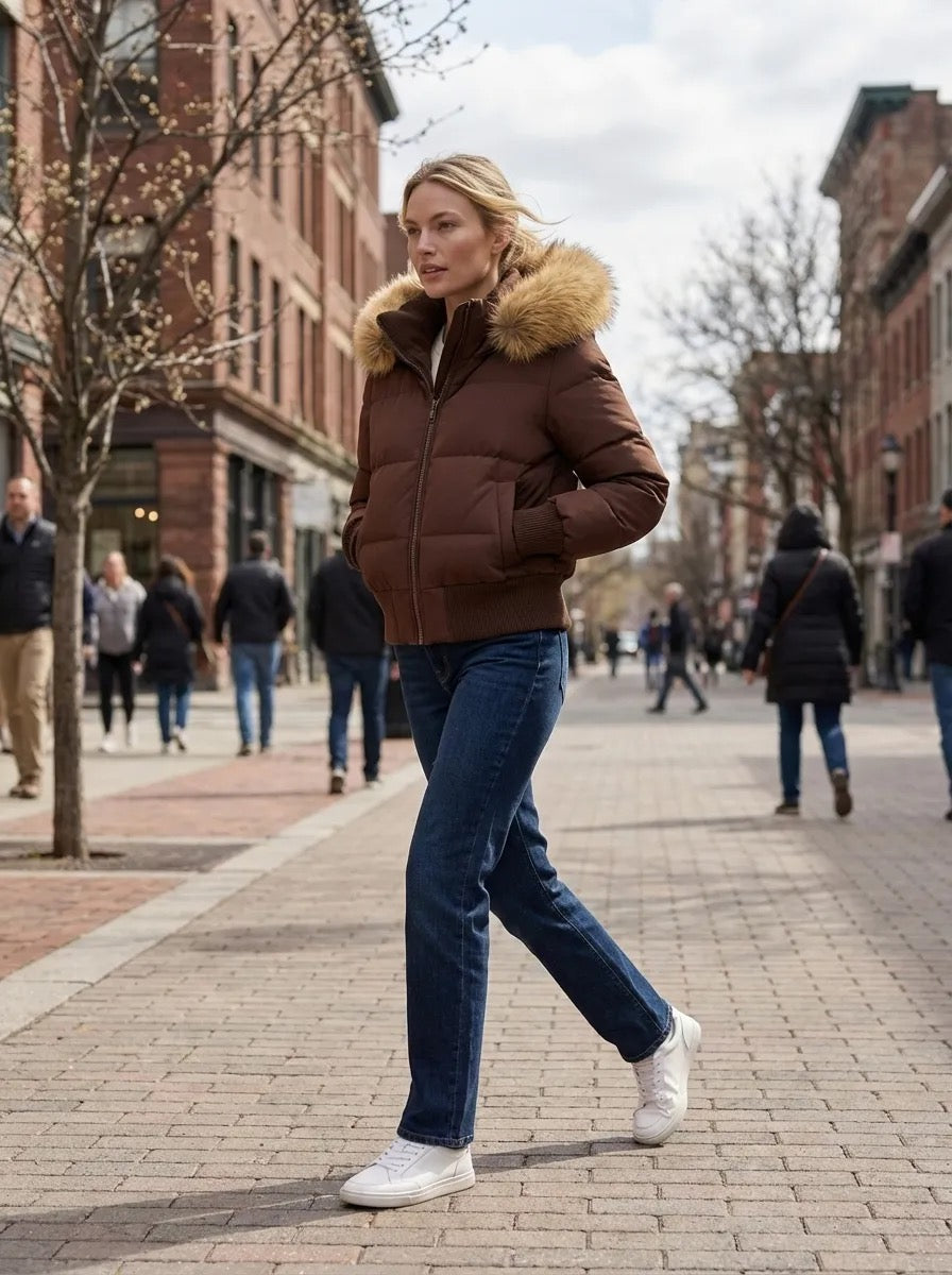 Quilted Bomber Jacket with Fluffy Hood for Women