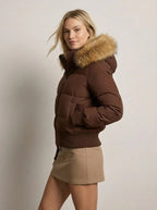 Quilted Bomber Jacket with Fluffy Hood for Women
