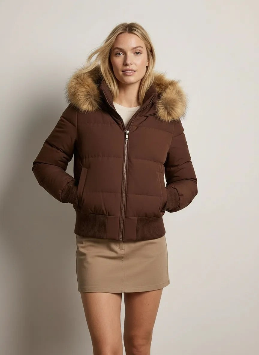 Quilted Bomber Jacket with Fluffy Hood for Women