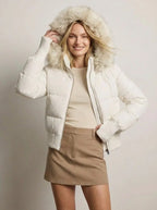 Quilted Bomber Jacket with Fluffy Hood for Women