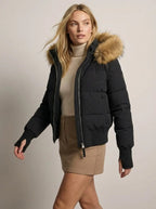 Quilted Bomber Jacket with Fluffy Hood for Women