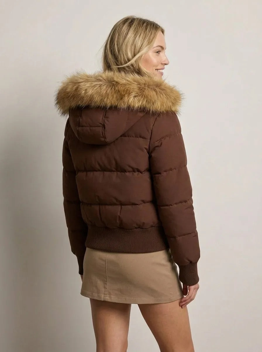 Quilted Bomber Jacket with Fluffy Hood for Women