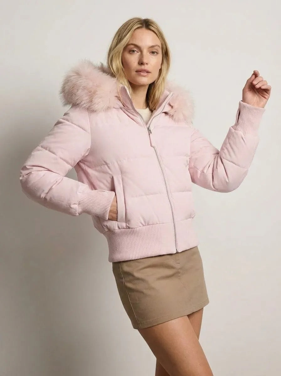 Quilted Bomber Jacket with Fluffy Hood for Women