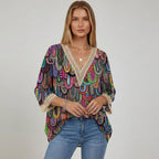 Shiny V-Neck 3/4 Sleeve Blouse for Women