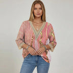 Shiny V-Neck 3/4 Sleeve Blouse for Women