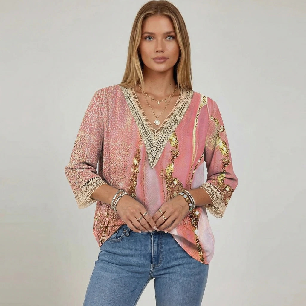 Shiny V-Neck 3/4 Sleeve Blouse for Women