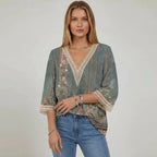 Shiny V-Neck 3/4 Sleeve Blouse for Women