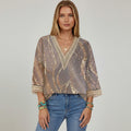 Shiny V-Neck 3/4 Sleeve Blouse for Women