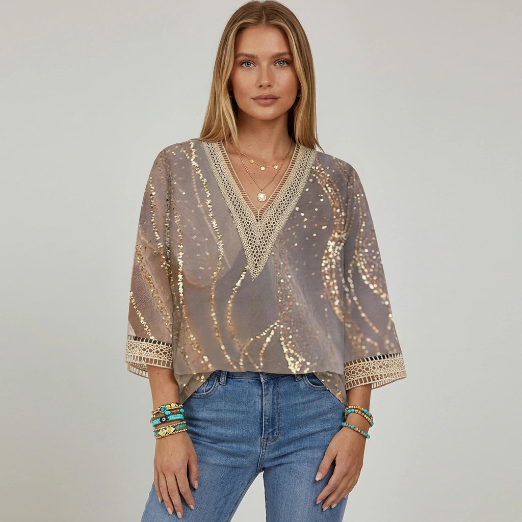 Shiny V-Neck 3/4 Sleeve Blouse for Women