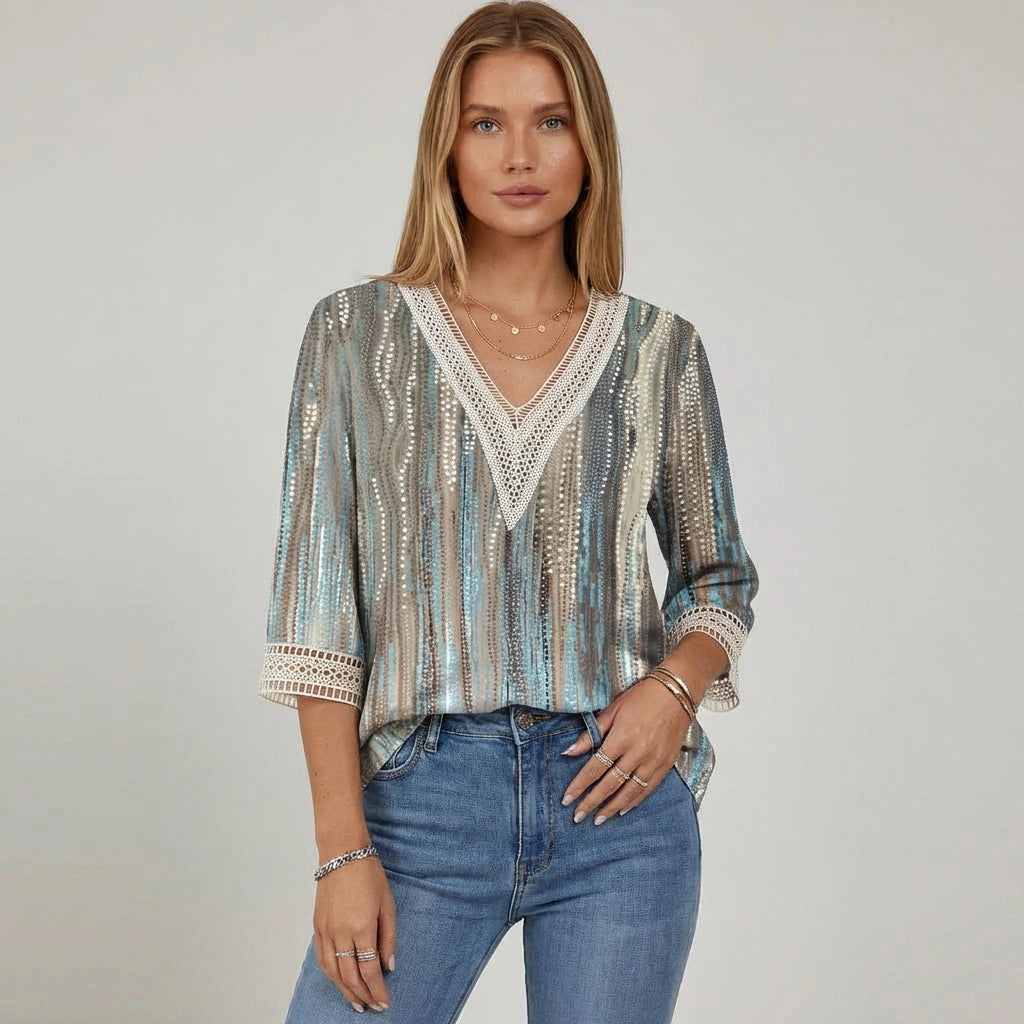 Shiny V-Neck 3/4 Sleeve Blouse for Women