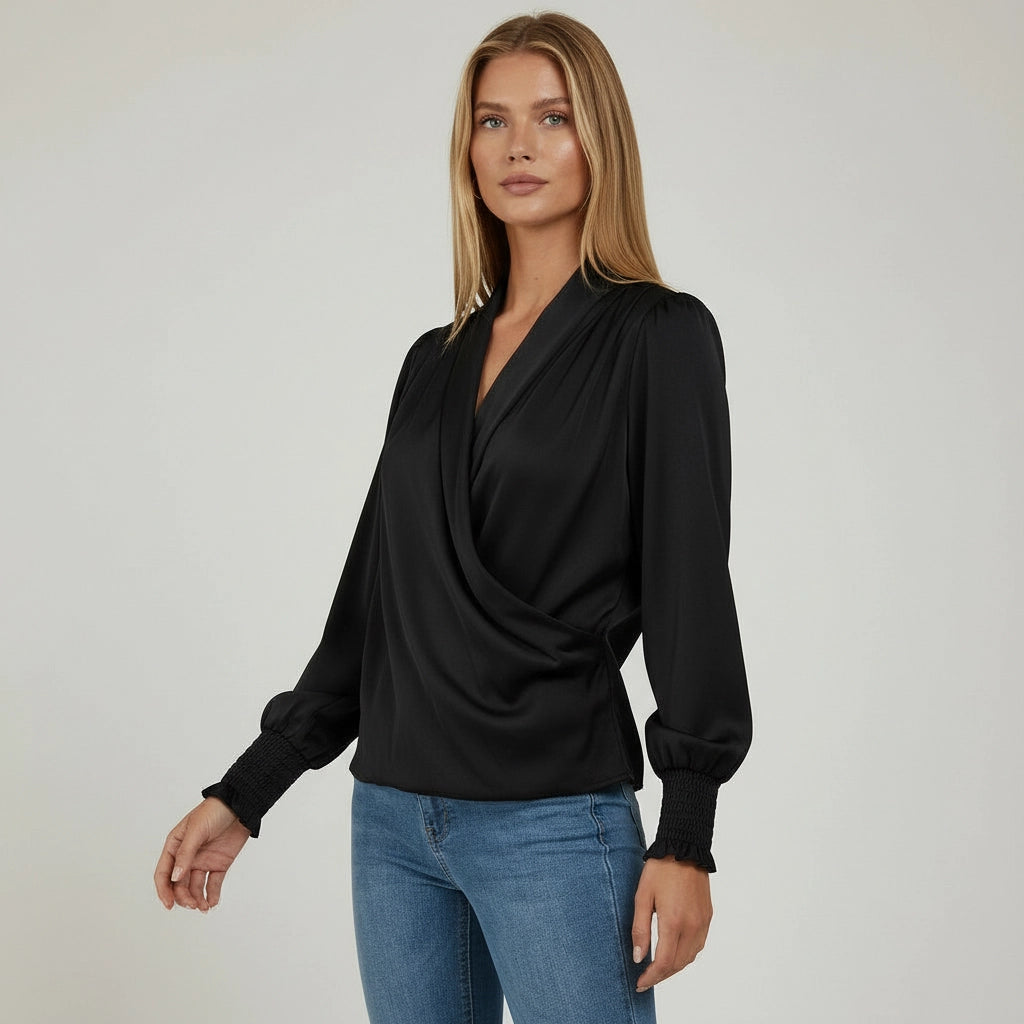 Crossover Design Long Sleeve Blouse for Women