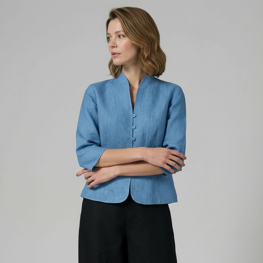 Fitted Women's Blouse with Stand-Up Collar