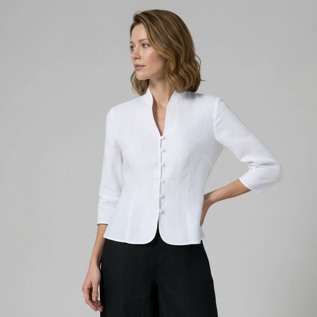 Fitted Women's Blouse with Stand-Up Collar