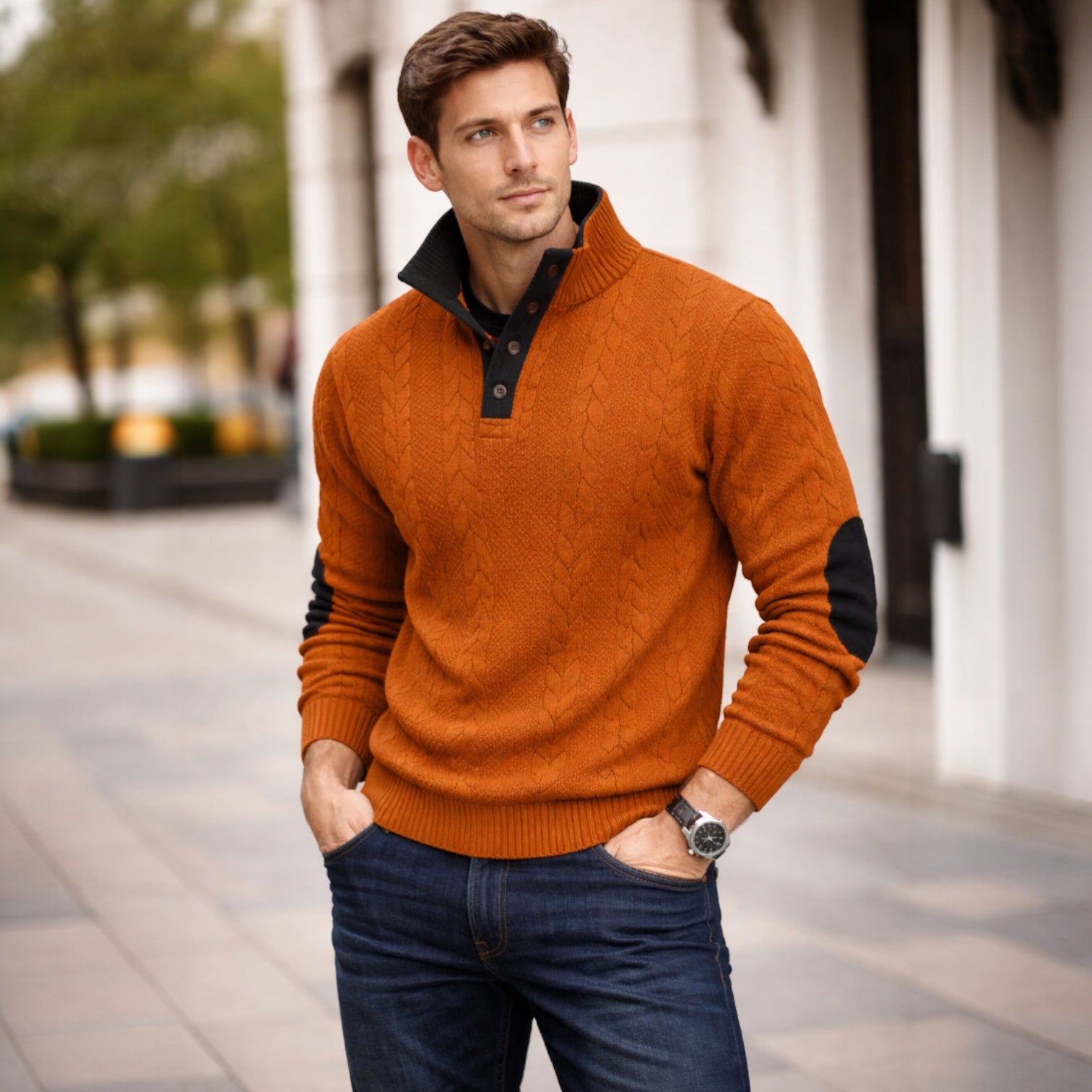Quarter Button Jumper for Men with Contrast Trim