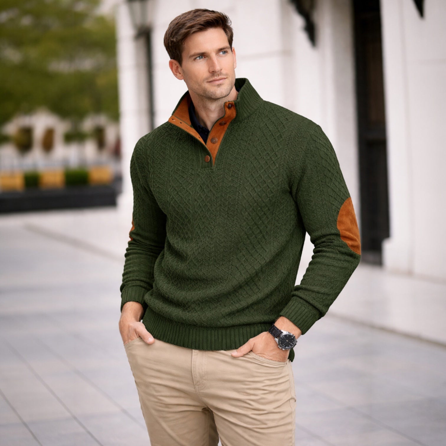 Quarter Button Jumper for Men with Contrast Trim