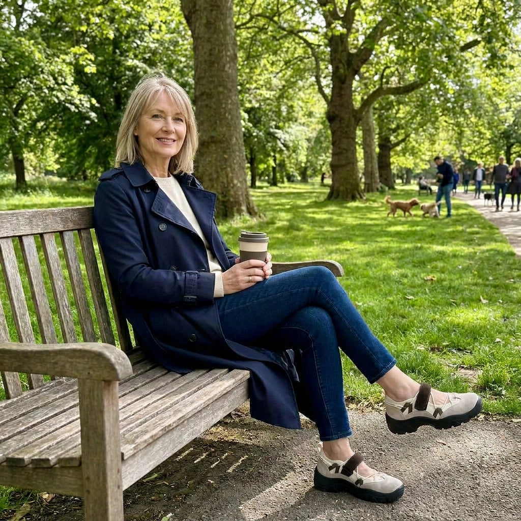 British woman wearing Montelle Walking Sandals - confident and comfortable lifestyle