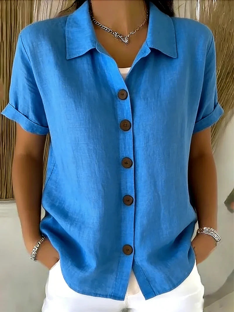 Relaxed Button-Up Blouse in Blue - premium cotton blend with statement buttons and turned-up sleeves